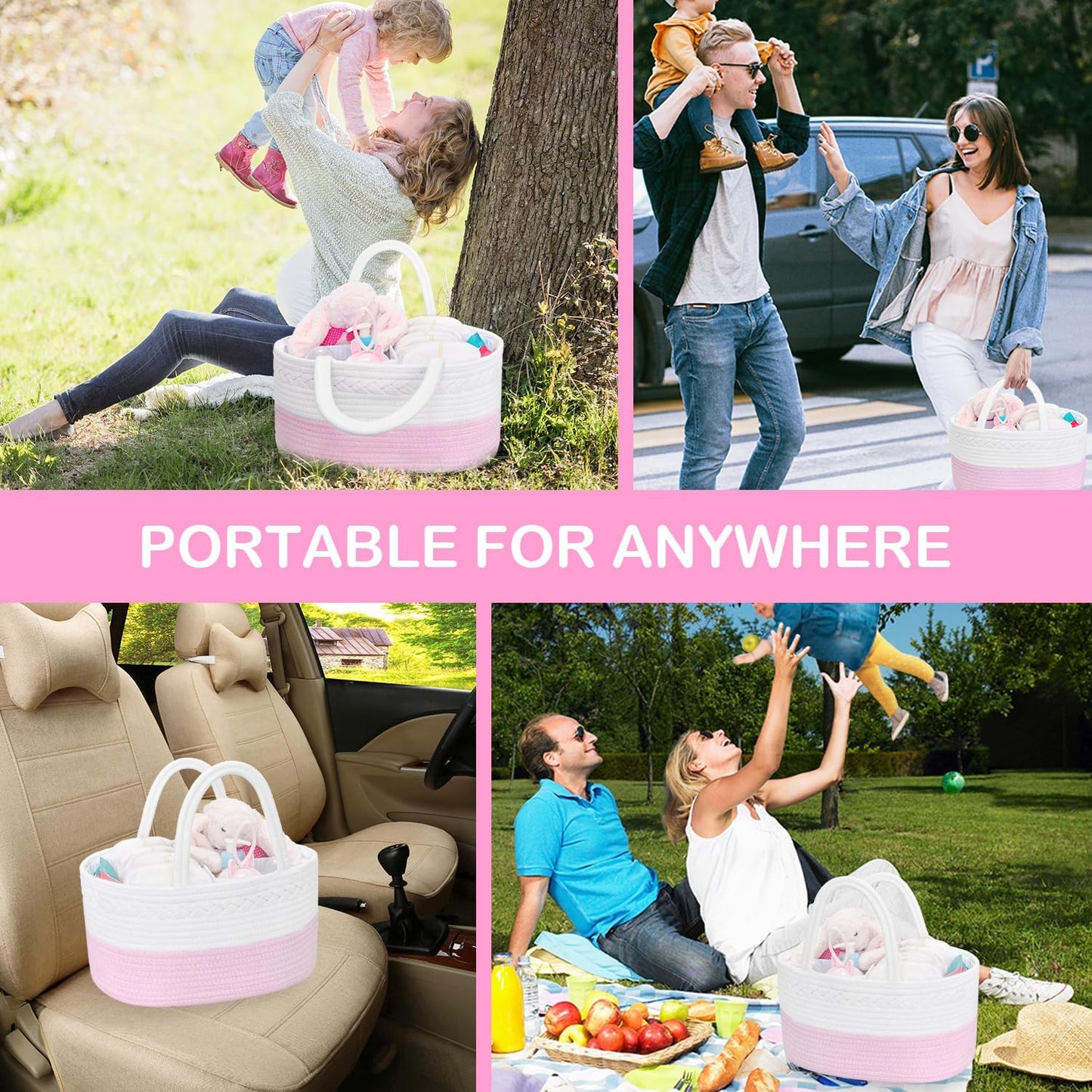 Diaper Caddy Organizer - Cotton Rope Nursery Storage Basket for Baby Essentials, Boys & Girls Shower Gift, Changing Table Organizer, Pink