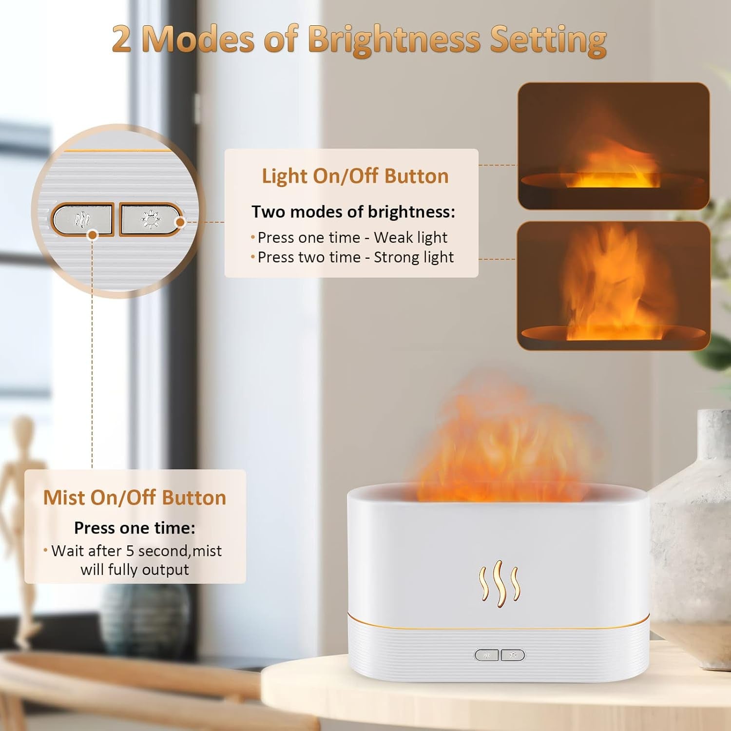 Flame Diffuser Humidifier-Auto off 180Ml Essential Oil Diffuser-2 Modes Brightness Aroma Humidifier with Fire Flame Effect for Home,Office,Spa,Gym(White)…