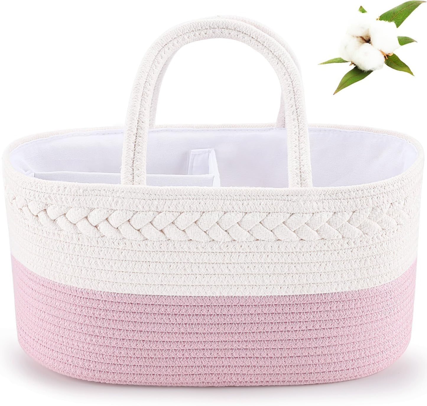 Diaper Caddy Organizer - Cotton Rope Nursery Storage Basket for Baby Essentials, Boys & Girls Shower Gift, Changing Table Organizer, Pink